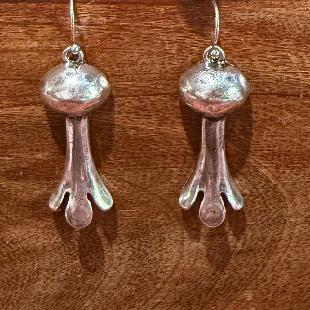Vintage Southwestern Cowgirl Style Squash Blossom Silver Plated Hook Earrings